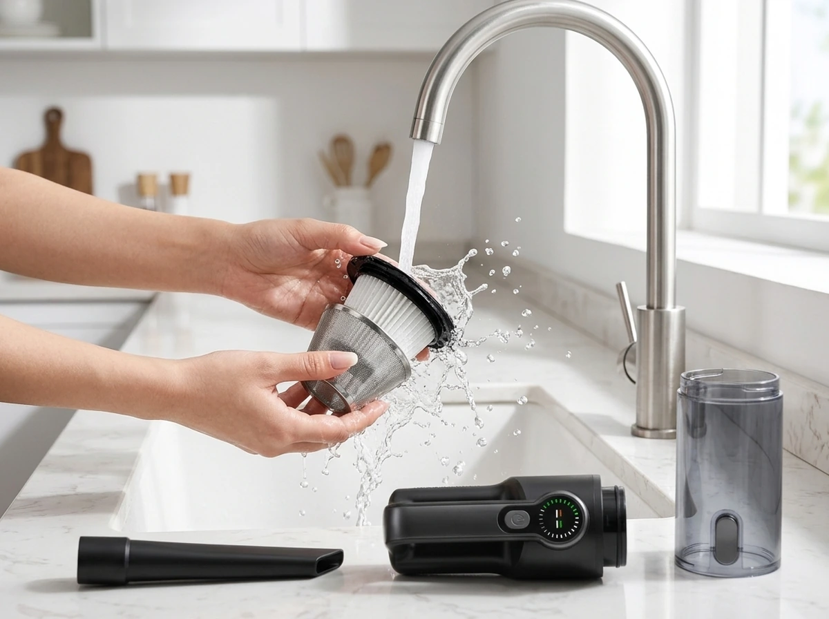 Rinse the Stainless Mesh & HEPA Filter Under the Kitchen Tap